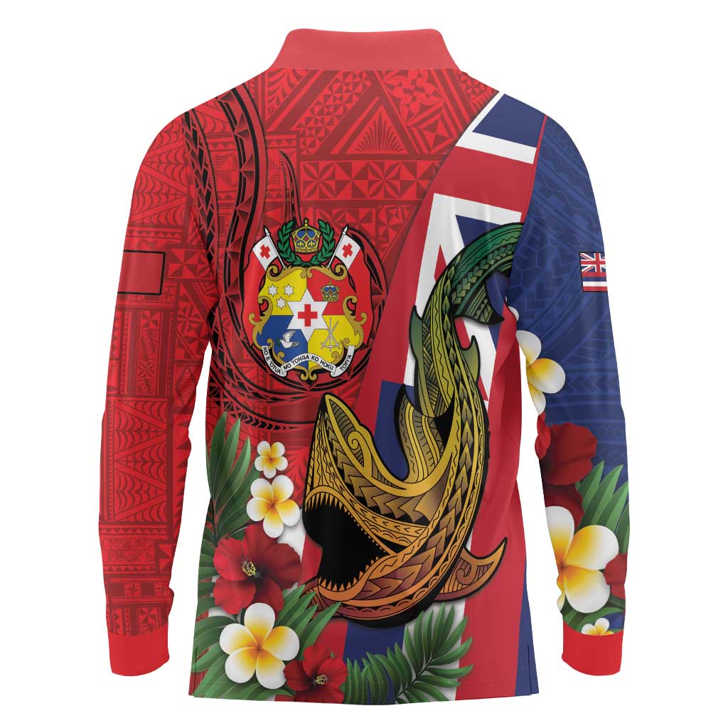 Hawaii And Tonga Long Sleeve Polo Shirt Shark Tattoo With Tongan Coat Of Arms LT14 - Polynesian Pride