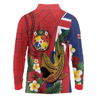 Hawaii And Tonga Long Sleeve Polo Shirt Shark Tattoo With Tongan Coat Of Arms LT14 - Polynesian Pride