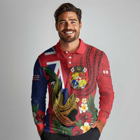 Hawaii And Tonga Long Sleeve Polo Shirt Shark Tattoo With Tongan Coat Of Arms LT14 - Polynesian Pride