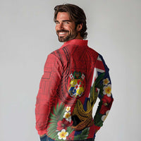 Hawaii And Tonga Long Sleeve Polo Shirt Shark Tattoo With Tongan Coat Of Arms LT14 - Polynesian Pride