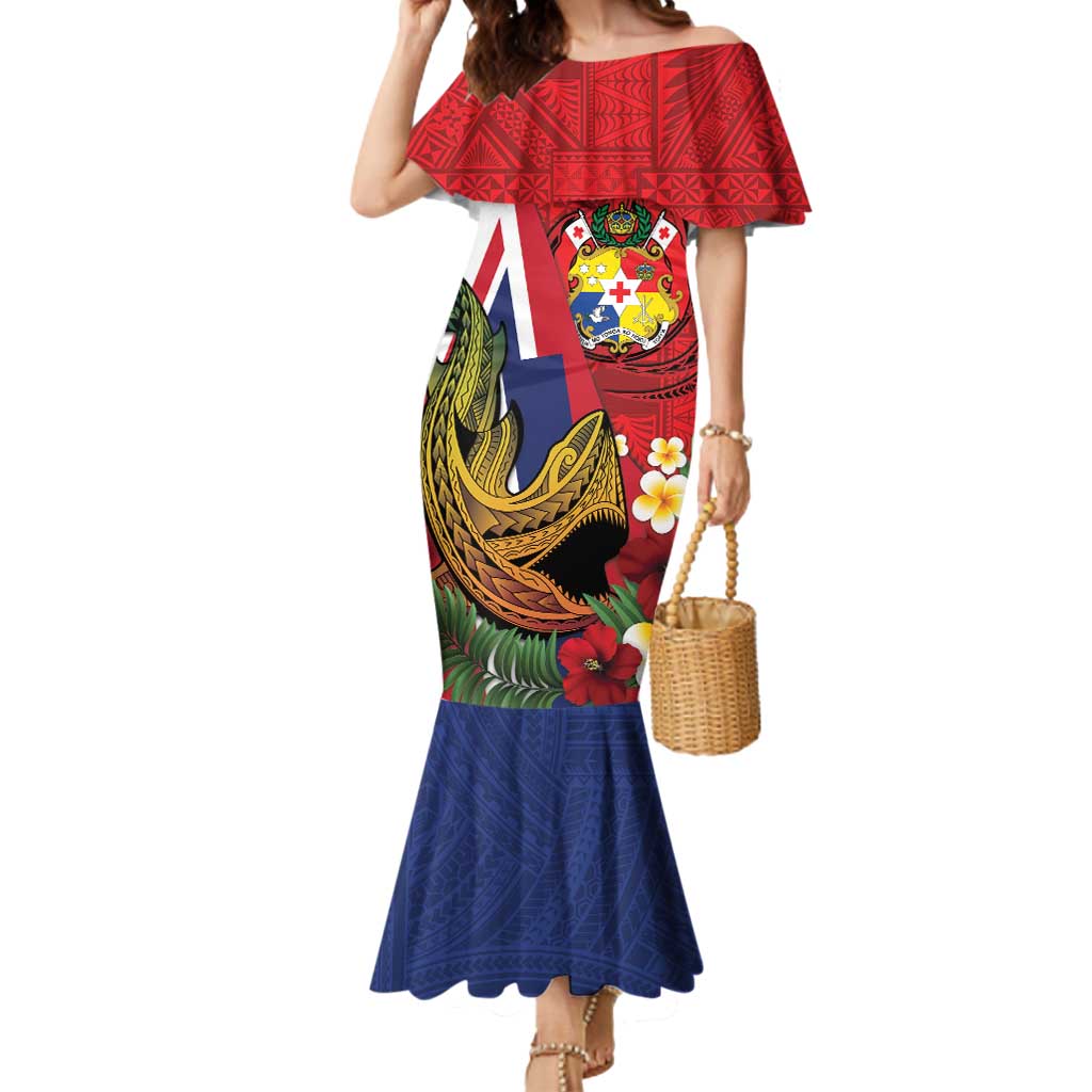 Hawaii And Tonga Mermaid Dress Shark Tattoo With Tongan Coat Of Arms LT14 Women Red - Polynesian Pride