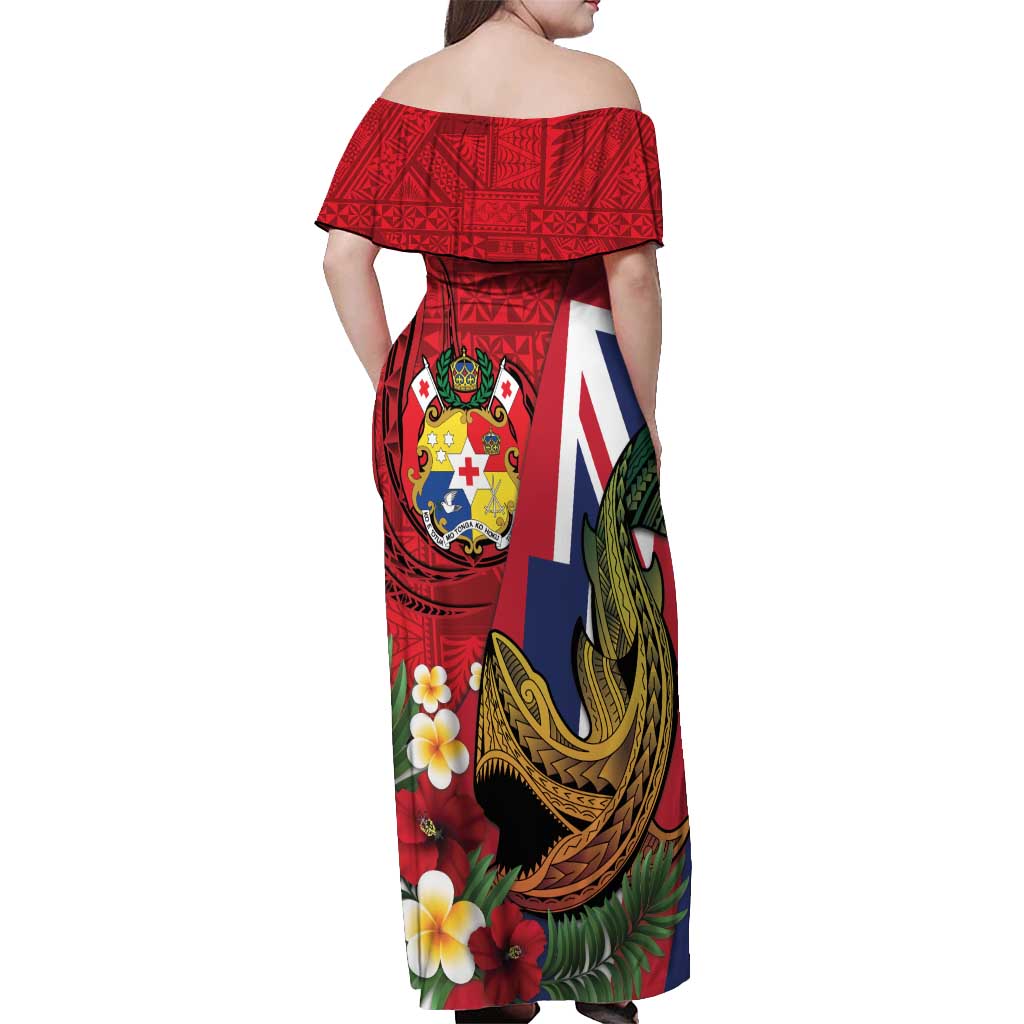 Hawaii And Tonga Off Shoulder Maxi Dress Shark Tattoo With Tongan Coat Of Arms LT14 - Polynesian Pride