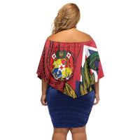 Hawaii And Tonga Off Shoulder Short Dress Shark Tattoo With Tongan Coat Of Arms LT14 - Polynesian Pride