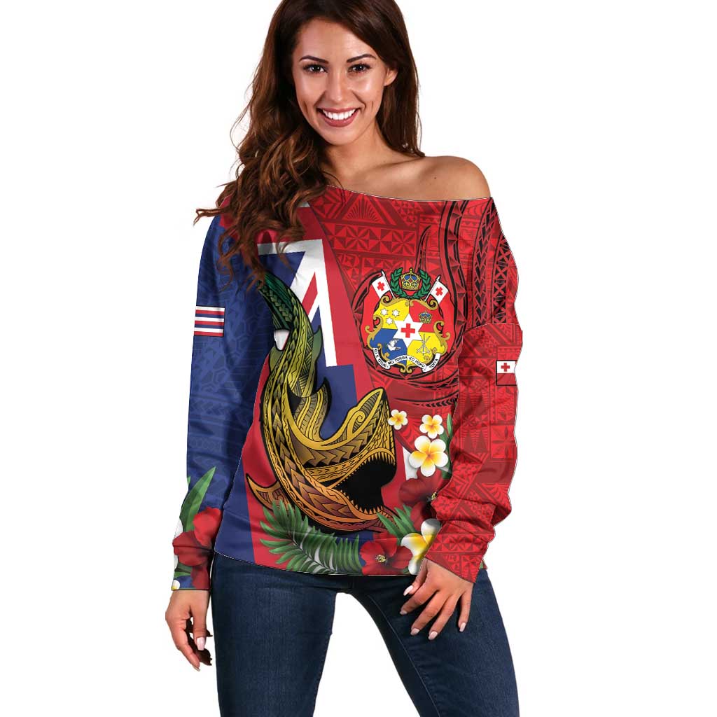 Hawaii And Tonga Off Shoulder Sweater Shark Tattoo With Tongan Coat Of Arms