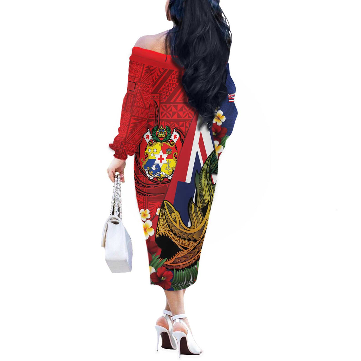 Hawaii And Tonga Off The Shoulder Long Sleeve Dress Shark Tattoo With Tongan Coat Of Arms LT14 - Polynesian Pride