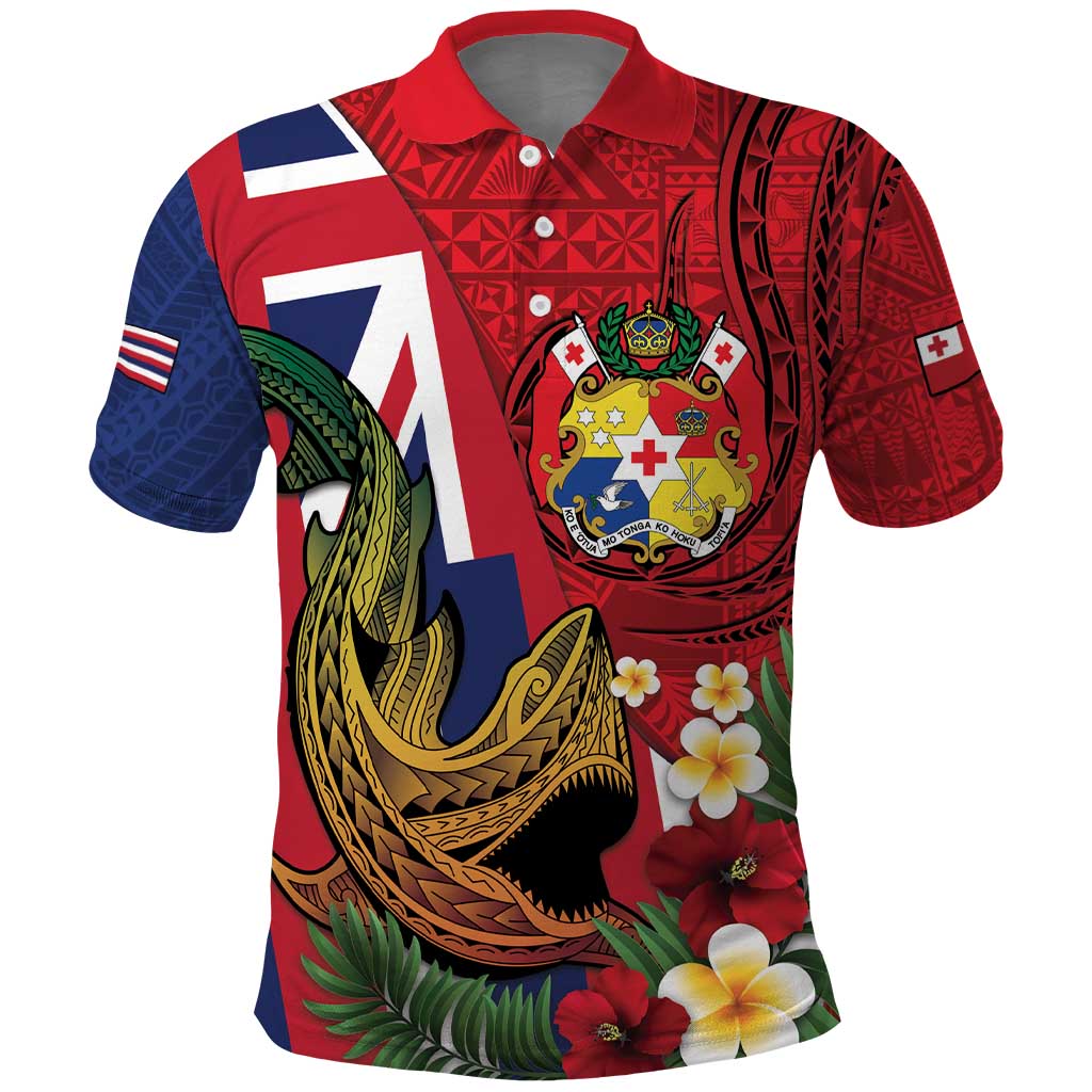 Hawaii And Tonga Polo Shirt Shark Tattoo With Tongan Coat Of Arms LT14 Red - Polynesian Pride