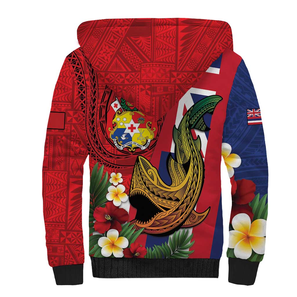 Hawaii And Tonga Sherpa Hoodie Shark Tattoo With Tongan Coat Of Arms LT14 - Polynesian Pride