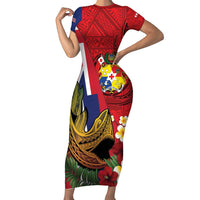 Hawaii And Tonga Short Sleeve Bodycon Dress Shark Tattoo With Tongan Coat Of Arms LT14 Long Dress Red - Polynesian Pride