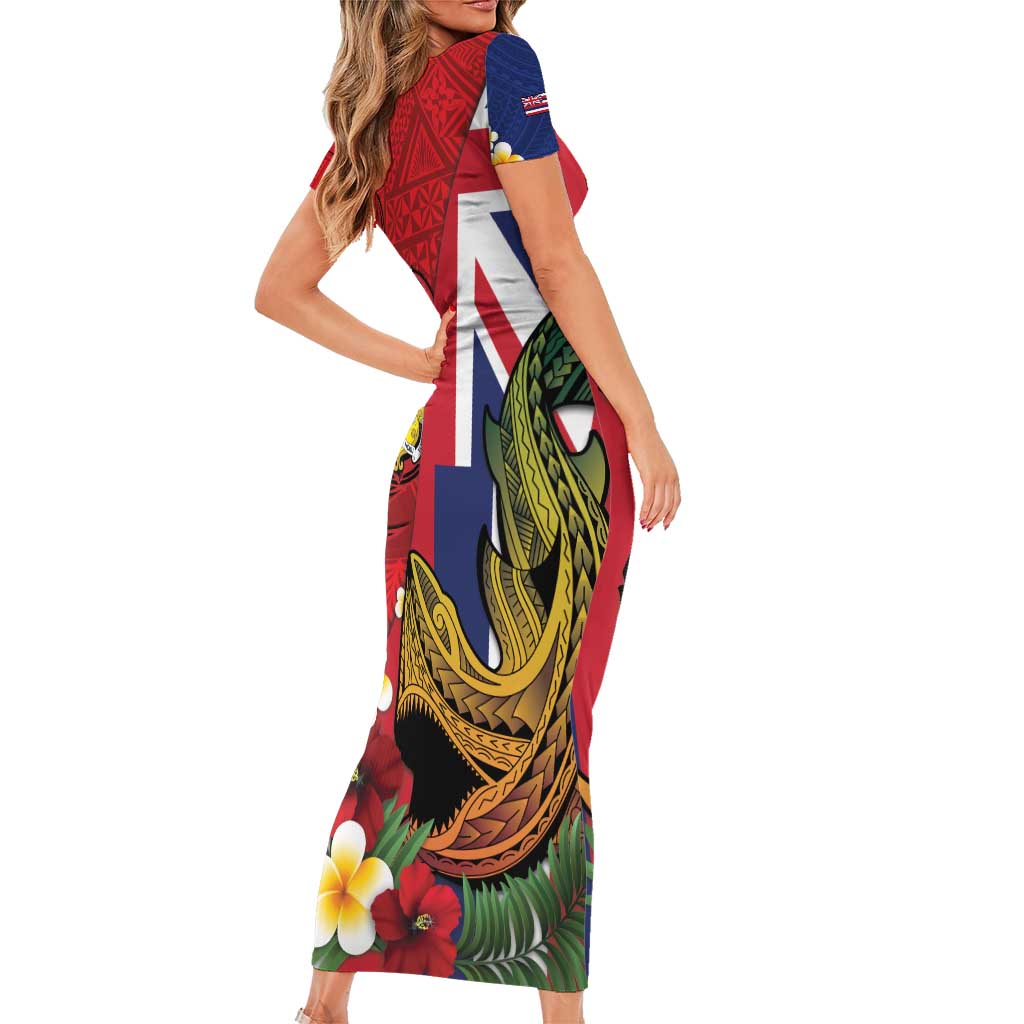 Hawaii And Tonga Short Sleeve Bodycon Dress Shark Tattoo With Tongan Coat Of Arms LT14 - Polynesian Pride