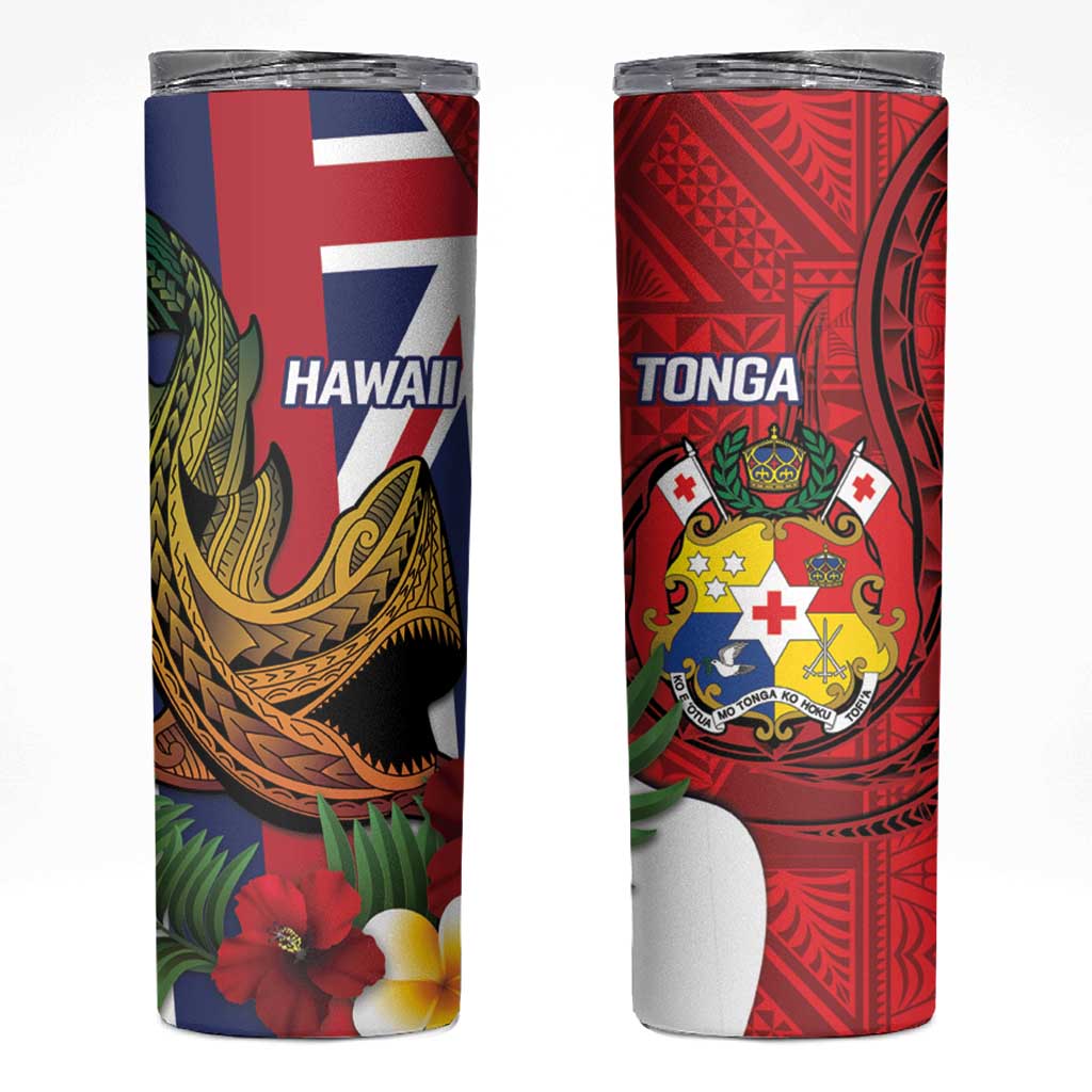 Hawaii And Tonga Skinny Tumbler Shark Tattoo With Tongan Coat Of Arms LT14 Red - Polynesian Pride