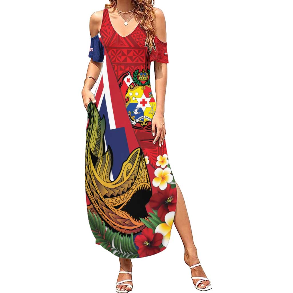 Hawaii And Tonga Summer Maxi Dress Shark Tattoo With Tongan Coat Of Arms LT14 Women Red - Polynesian Pride