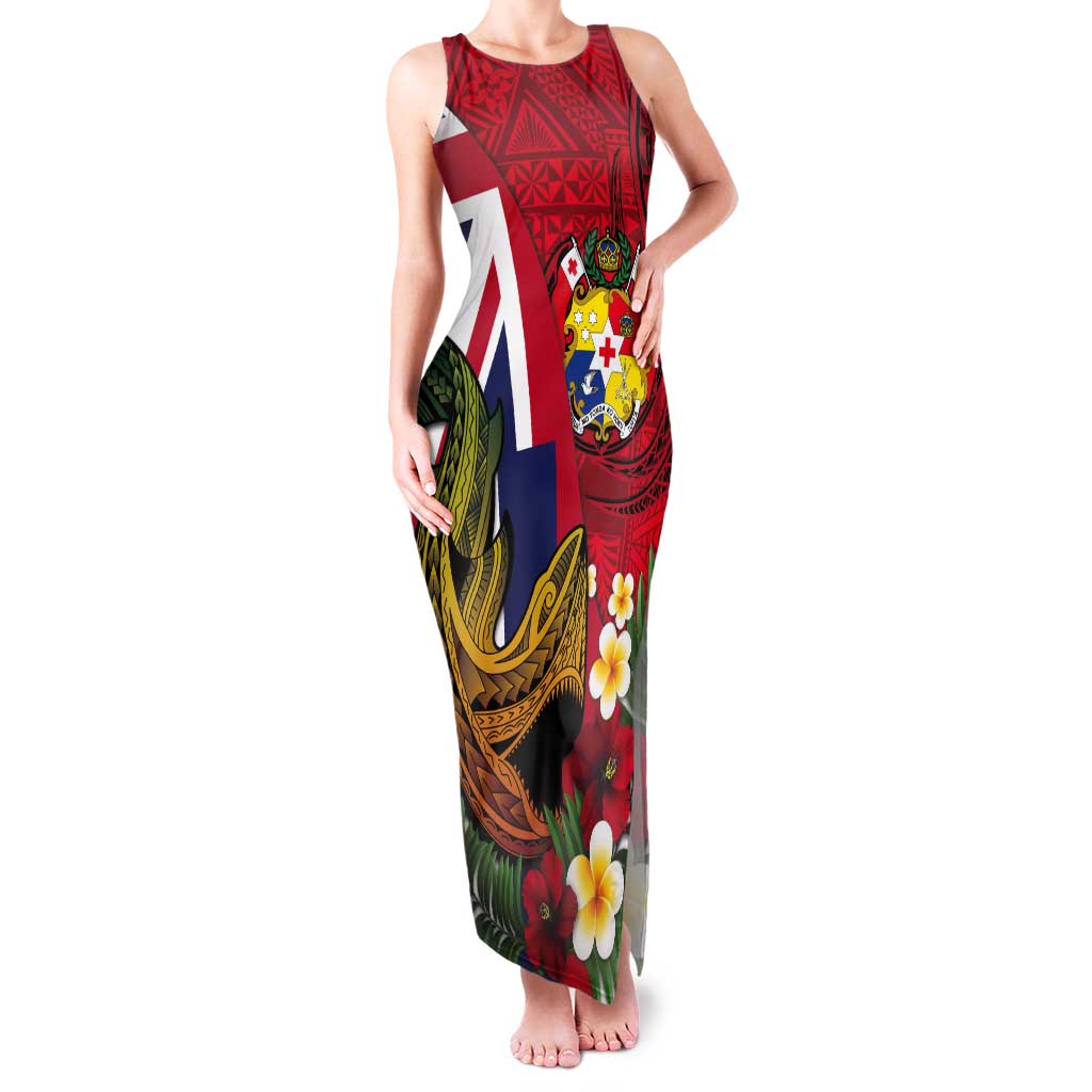 Hawaii And Tonga Tank Maxi Dress Shark Tattoo With Tongan Coat Of Arms LT14 Women Red - Polynesian Pride