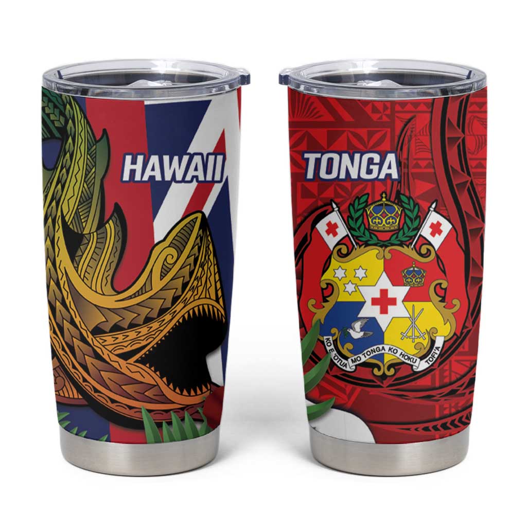 Hawaii And Tonga Tumbler Cup Shark Tattoo With Tongan Coat Of Arms LT14 Red - Polynesian Pride