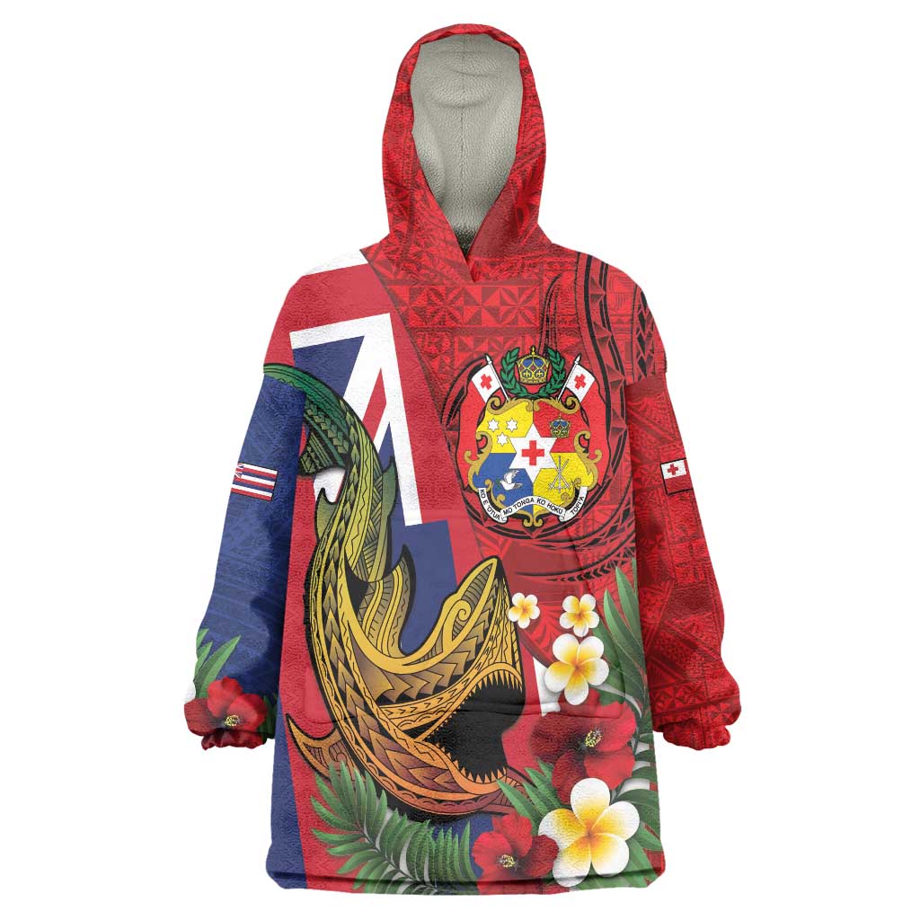 Hawaii And Tonga Wearable Blanket Hoodie Shark Tattoo With Tongan Coat Of Arms LT14 One Size Red - Polynesian Pride
