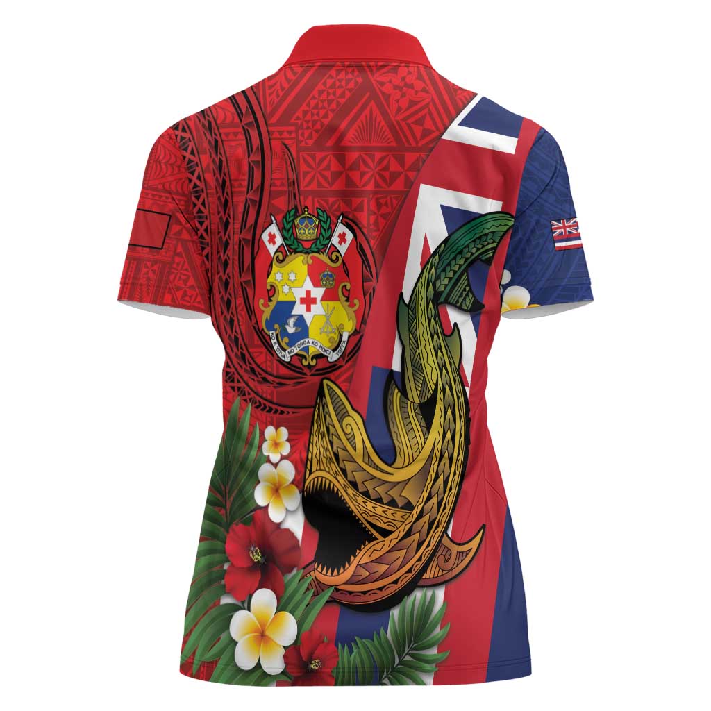 Hawaii And Tonga Women Polo Shirt Shark Tattoo With Tongan Coat Of Arms LT14 - Polynesian Pride