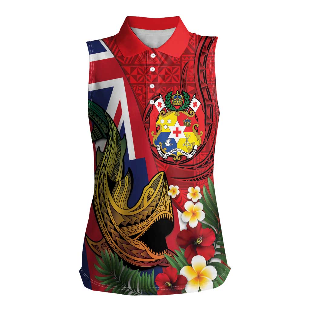 Hawaii And Tonga Women Sleeveless Polo Shirt Shark Tattoo With Tongan Coat Of Arms LT14 Female Red - Polynesian Pride