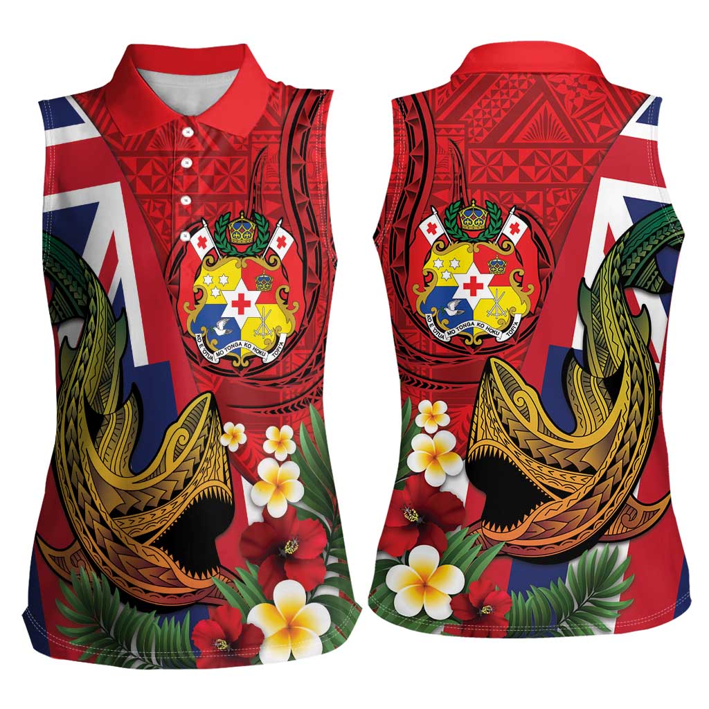 Hawaii And Tonga Women Sleeveless Polo Shirt Shark Tattoo With Tongan Coat Of Arms LT14 - Polynesian Pride
