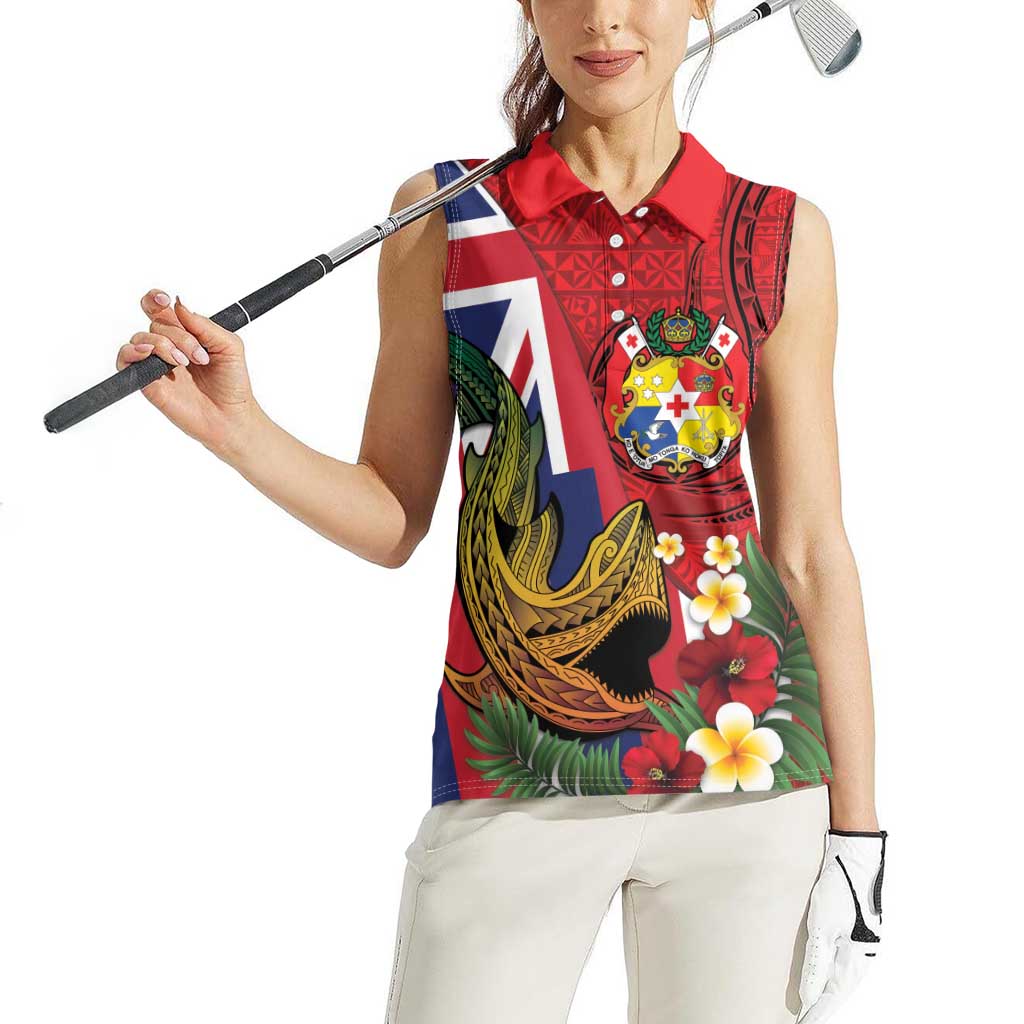 Hawaii And Tonga Women Sleeveless Polo Shirt Shark Tattoo With Tongan Coat Of Arms LT14 - Polynesian Pride