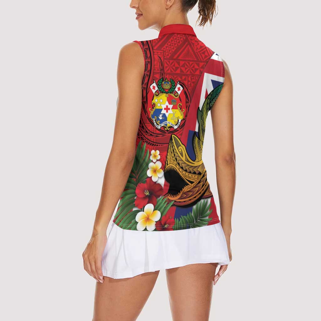 Hawaii And Tonga Women Sleeveless Polo Shirt Shark Tattoo With Tongan Coat Of Arms LT14 - Polynesian Pride