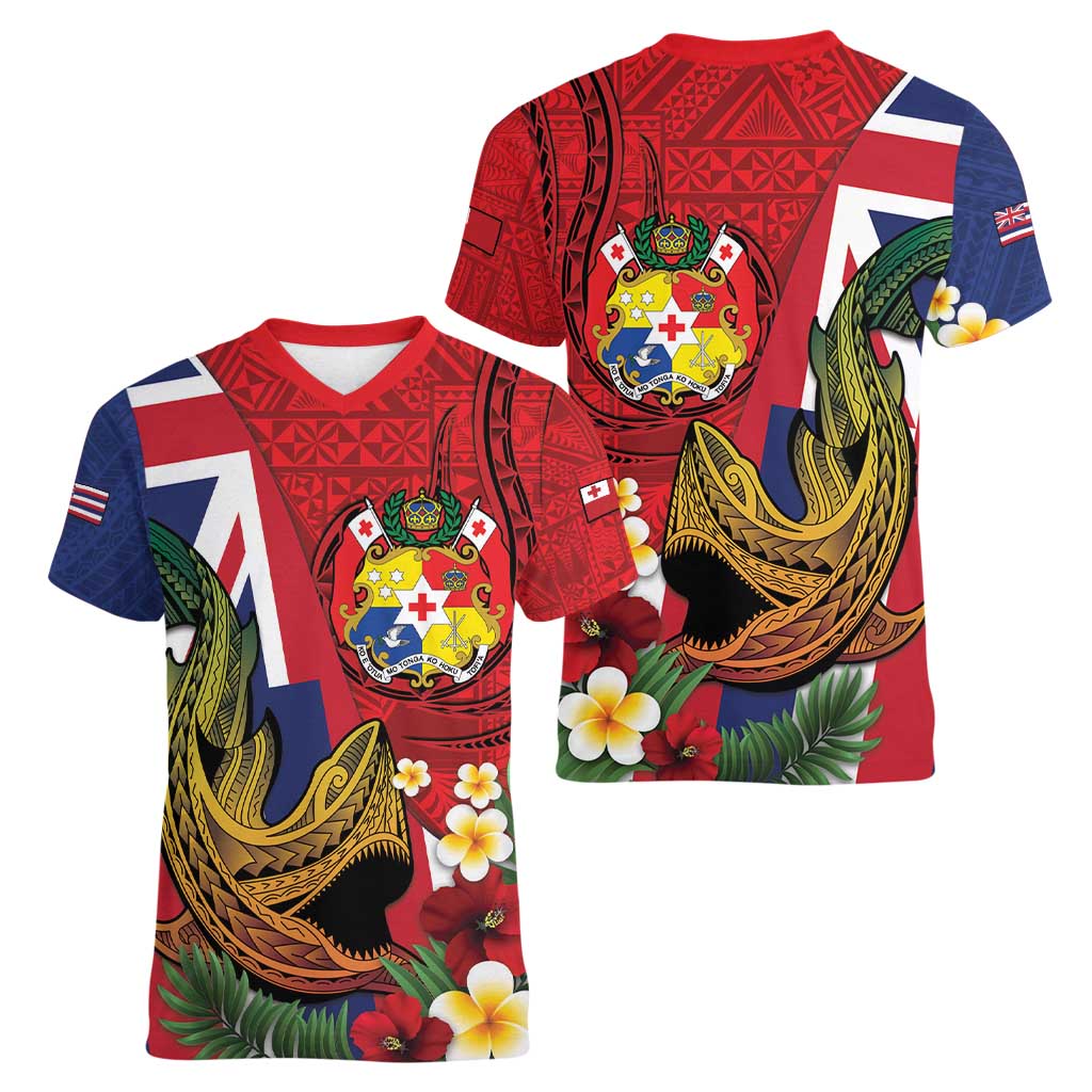 Hawaii And Tonga Women V-Neck T-Shirt Shark Tattoo With Tongan Coat Of Arms LT14 - Polynesian Pride