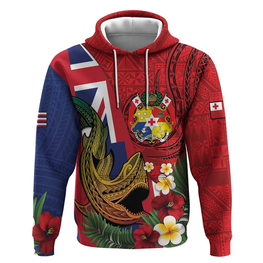 Hawaii And Tonga Zip Hoodie Shark Tattoo With Tongan Coat Of Arms LT14 Pullover Hoodie Red - Polynesian Pride