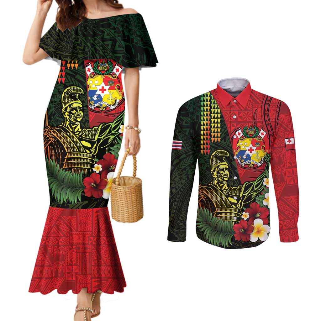 Hawaii And Tonga Couples Matching Mermaid Dress and Long Sleeve Button Shirt King Kamehameha Tribal Ngatu Pattern
