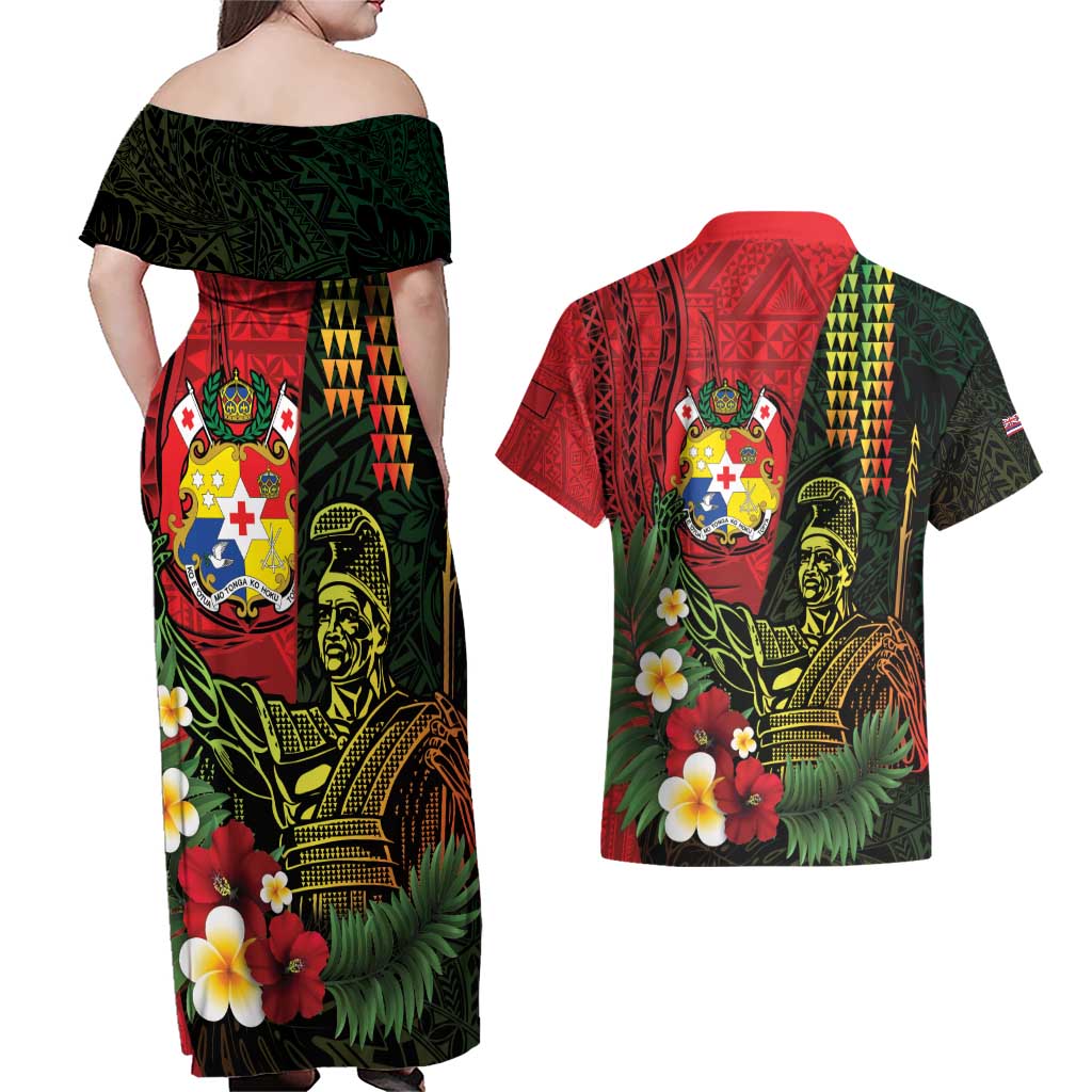 Hawaii And Tonga Couples Matching Off Shoulder Maxi Dress and Hawaiian Shirt King Kamehameha Tribal Ngatu Pattern LT14 - Polynesian Pride
