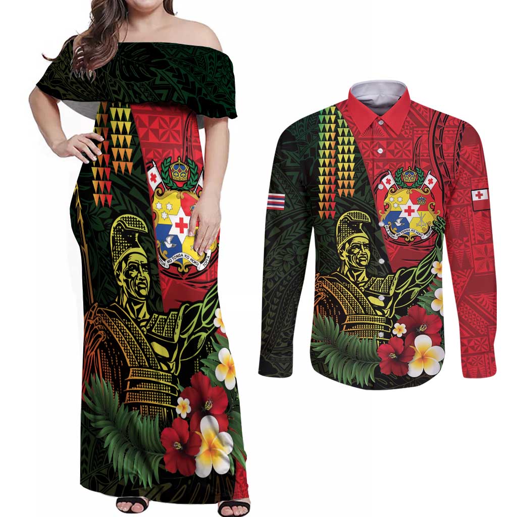 Hawaii And Tonga Couples Matching Off Shoulder Maxi Dress and Long Sleeve Button Shirt King Kamehameha Tribal Ngatu Pattern