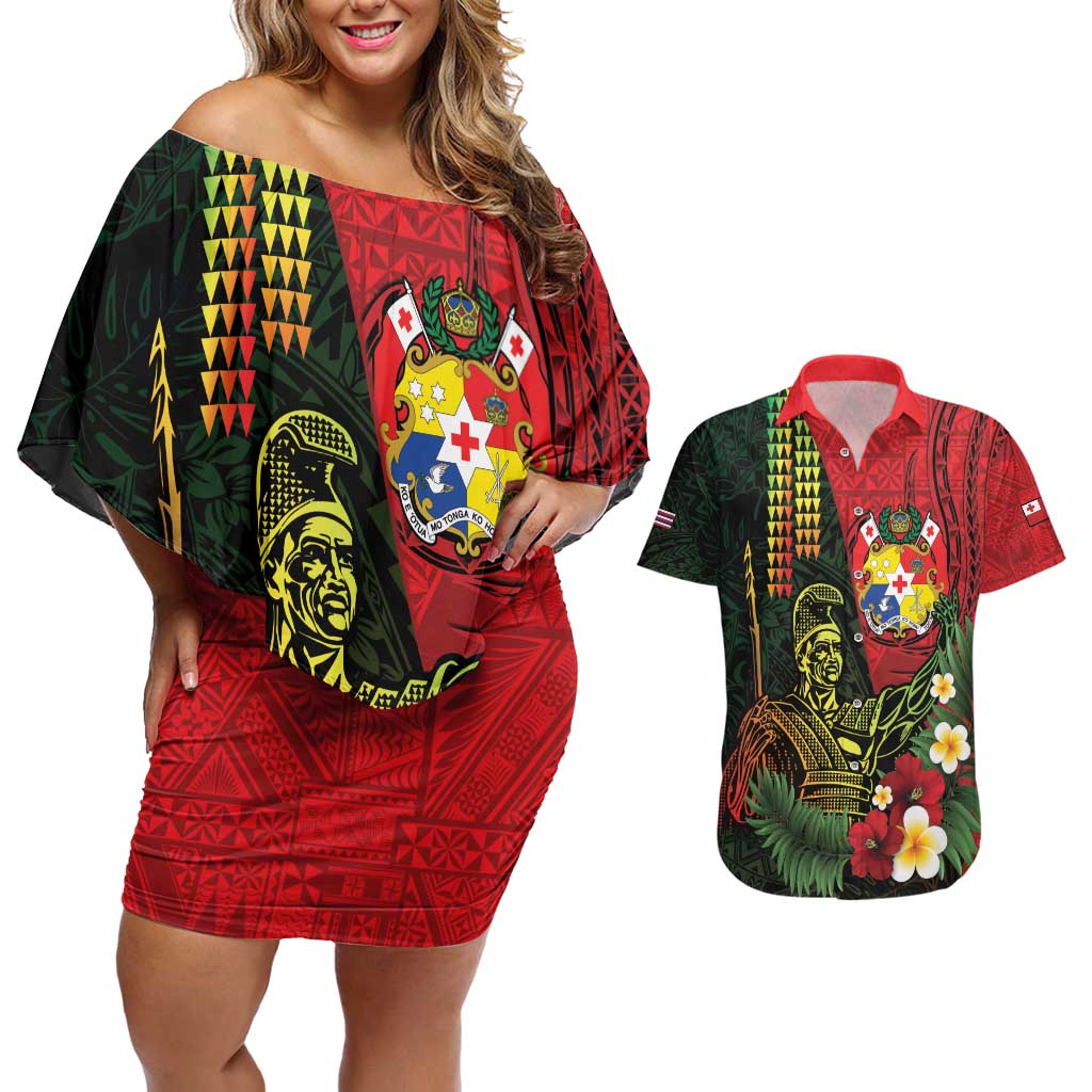Hawaii And Tonga Couples Matching Off Shoulder Short Dress and Hawaiian Shirt King Kamehameha Tribal Ngatu Pattern LT14 Red - Polynesian Pride