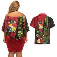 Hawaii And Tonga Couples Matching Off Shoulder Short Dress and Hawaiian Shirt King Kamehameha Tribal Ngatu Pattern LT14 - Polynesian Pride