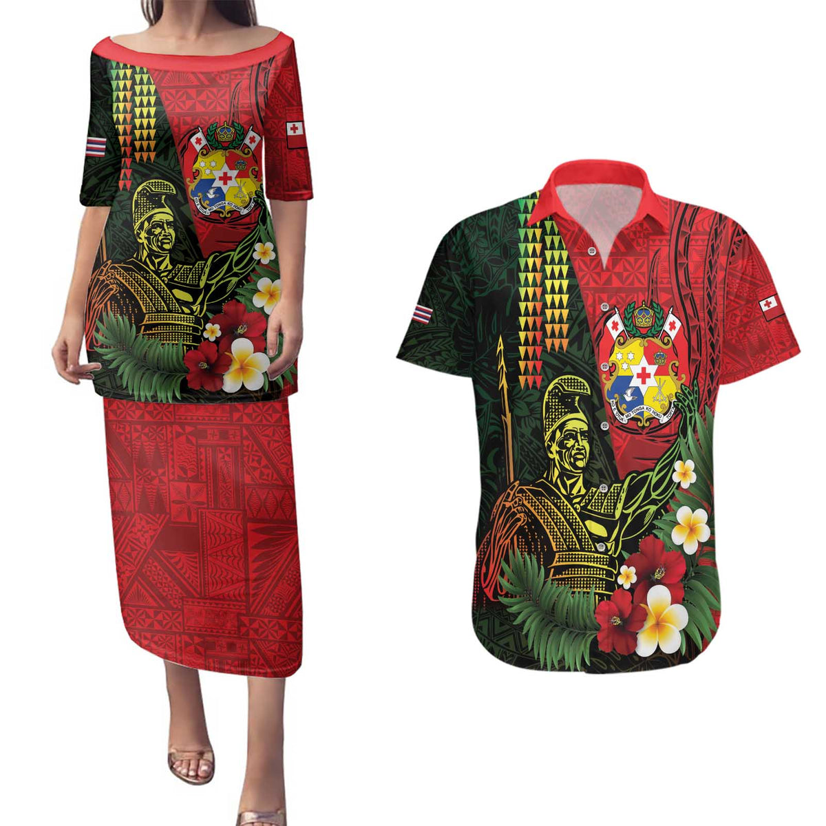 Hawaii And Tonga Couples Matching Puletasi and Hawaiian Shirt King Kamehameha Tribal Ngatu Pattern