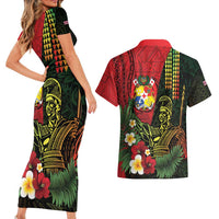 Hawaii And Tonga Couples Matching Short Sleeve Bodycon Dress and Hawaiian Shirt King Kamehameha Tribal Ngatu Pattern