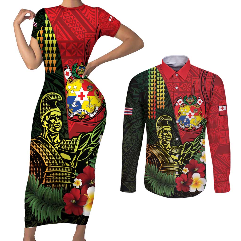 Hawaii And Tonga Couples Matching Short Sleeve Bodycon Dress and Long Sleeve Button Shirt King Kamehameha Tribal Ngatu Pattern