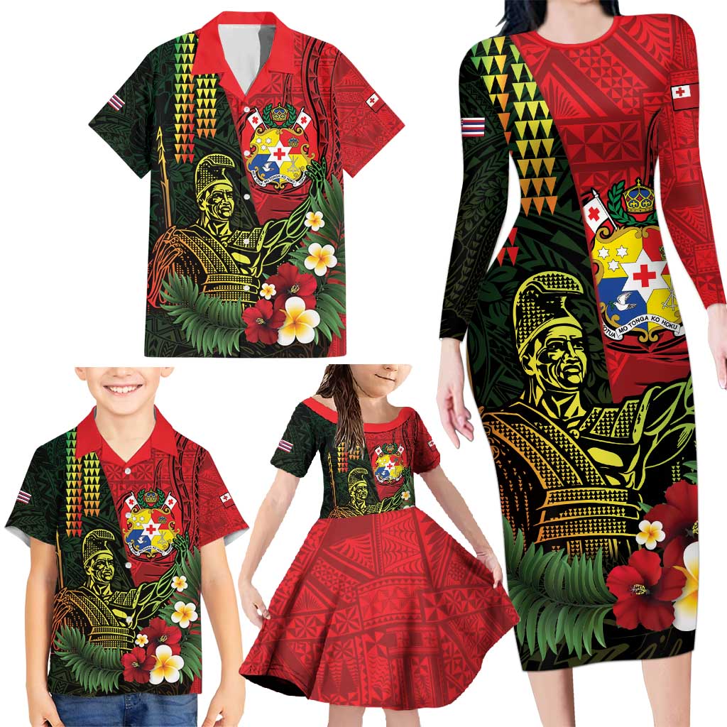 Hawaii And Tonga Family Matching Long Sleeve Bodycon Dress and Hawaiian Shirt King Kamehameha Tribal Ngatu Pattern