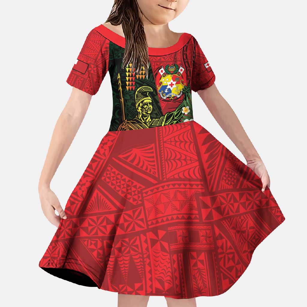 Hawaii And Tonga Family Matching Off Shoulder Maxi Dress and Hawaiian Shirt King Kamehameha Tribal Ngatu Pattern LT14 Daughter's Dress Red - Polynesian Pride