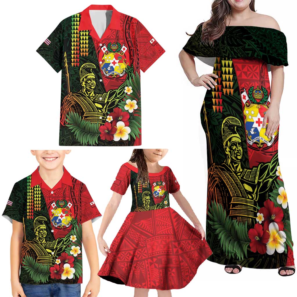 Hawaii And Tonga Family Matching Off Shoulder Maxi Dress and Hawaiian Shirt King Kamehameha Tribal Ngatu Pattern LT14 - Polynesian Pride