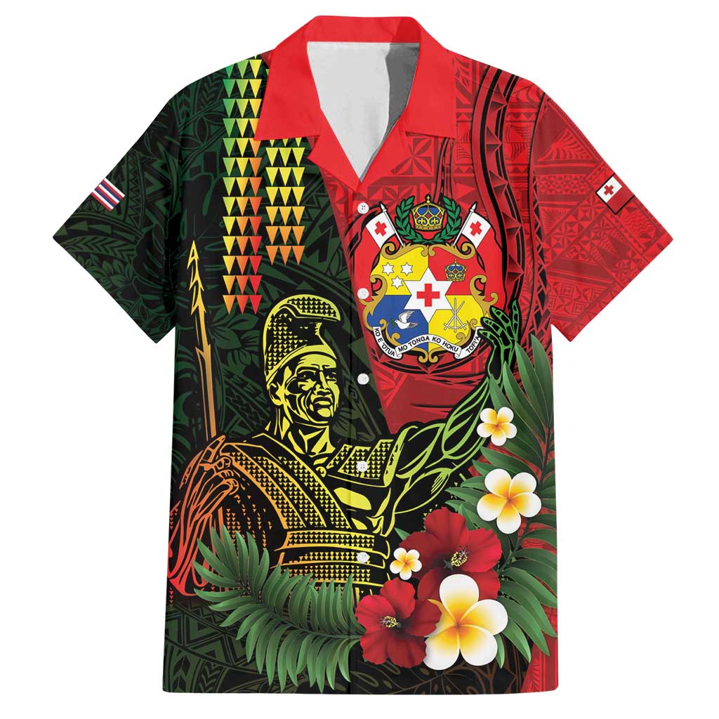 Hawaii And Tonga Family Matching Off Shoulder Maxi Dress and Hawaiian Shirt King Kamehameha Tribal Ngatu Pattern LT14 Dad's Shirt - Short Sleeve Red - Polynesian Pride