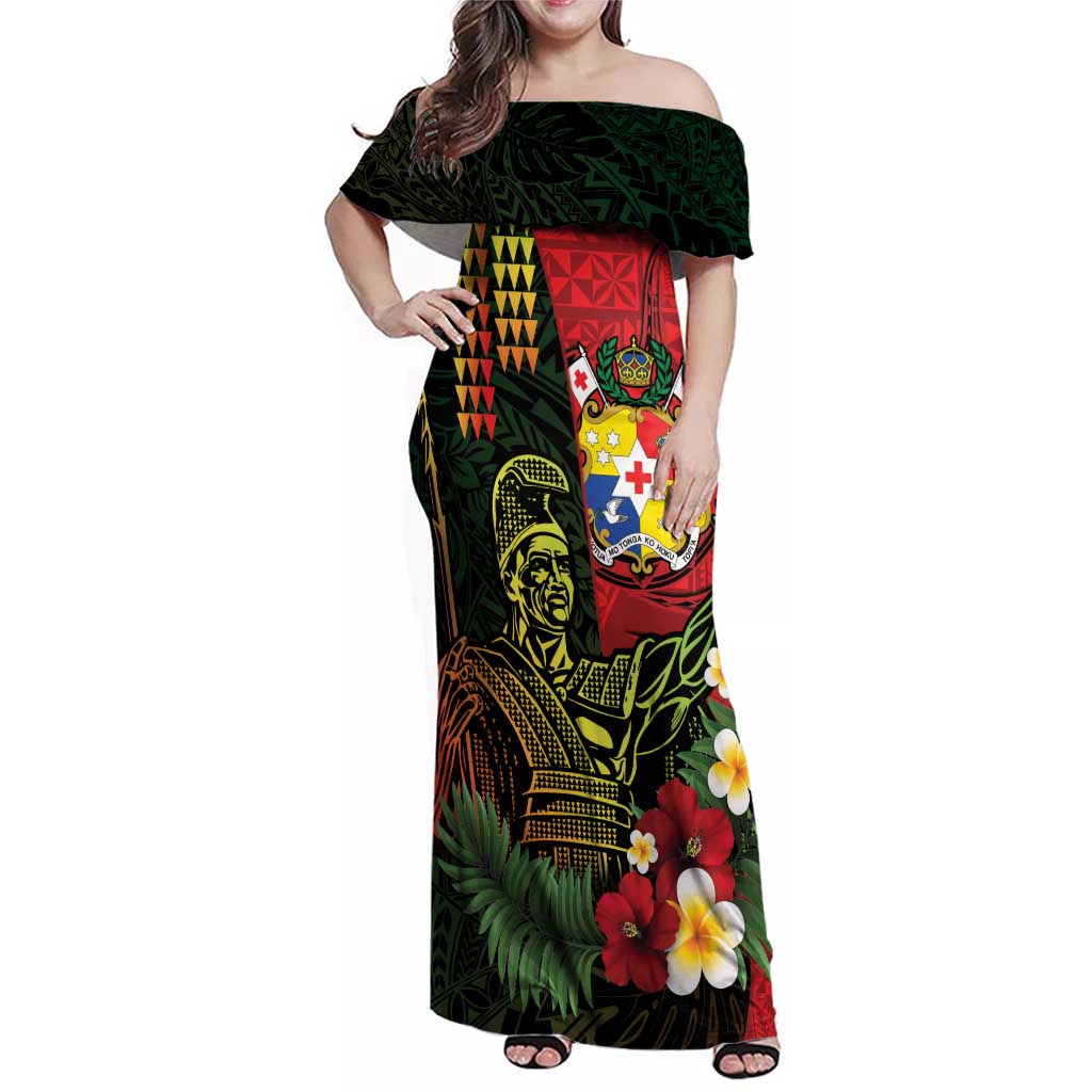 Hawaii And Tonga Family Matching Off Shoulder Maxi Dress and Hawaiian Shirt King Kamehameha Tribal Ngatu Pattern LT14 Mom's Dress Red - Polynesian Pride