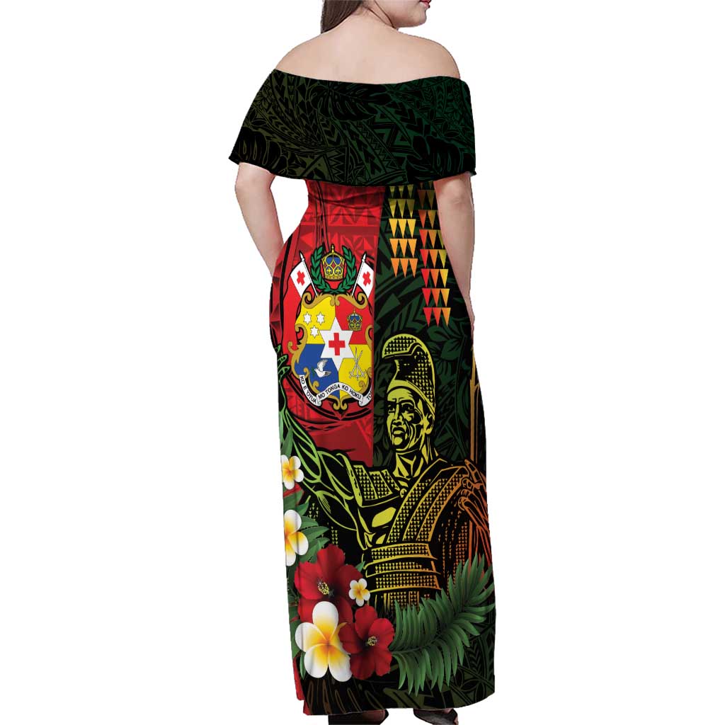 Hawaii And Tonga Family Matching Off Shoulder Maxi Dress and Hawaiian Shirt King Kamehameha Tribal Ngatu Pattern LT14 - Polynesian Pride