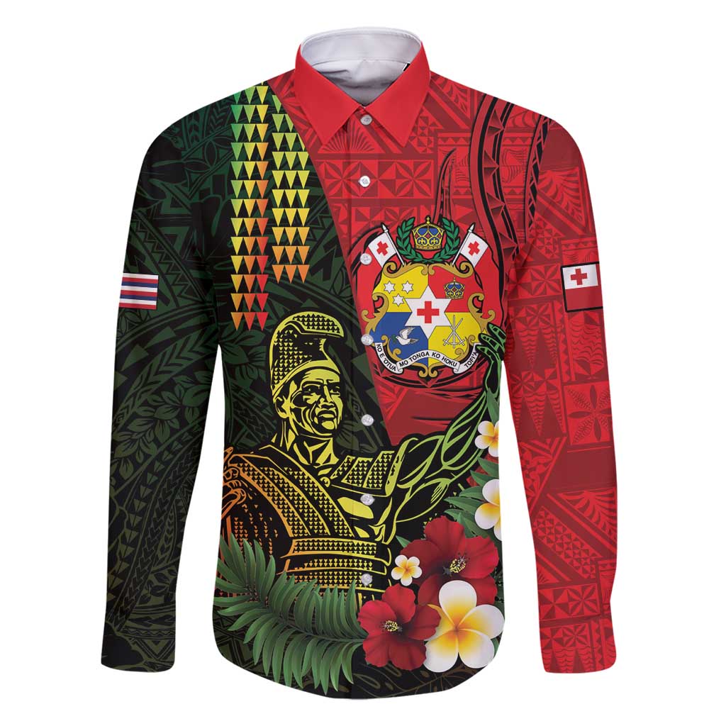 Hawaii And Tonga Family Matching Off Shoulder Short Dress and Hawaiian Shirt King Kamehameha Tribal Ngatu Pattern LT14 Dad's Shirt - Long Sleeve Red - Polynesian Pride
