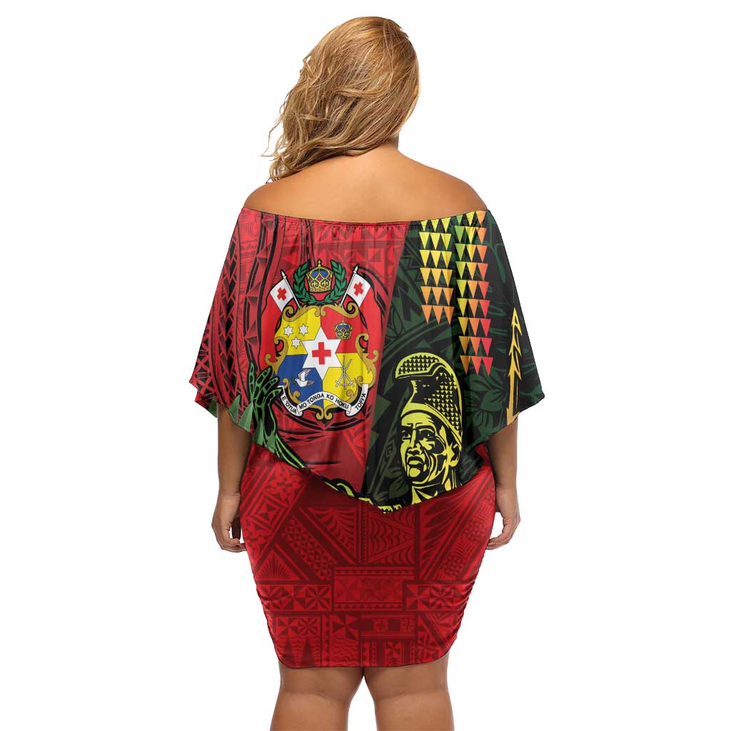 Hawaii And Tonga Family Matching Off Shoulder Short Dress and Hawaiian Shirt King Kamehameha Tribal Ngatu Pattern LT14 - Polynesian Pride