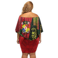 Hawaii And Tonga Family Matching Off Shoulder Short Dress and Hawaiian Shirt King Kamehameha Tribal Ngatu Pattern LT14 - Polynesian Pride