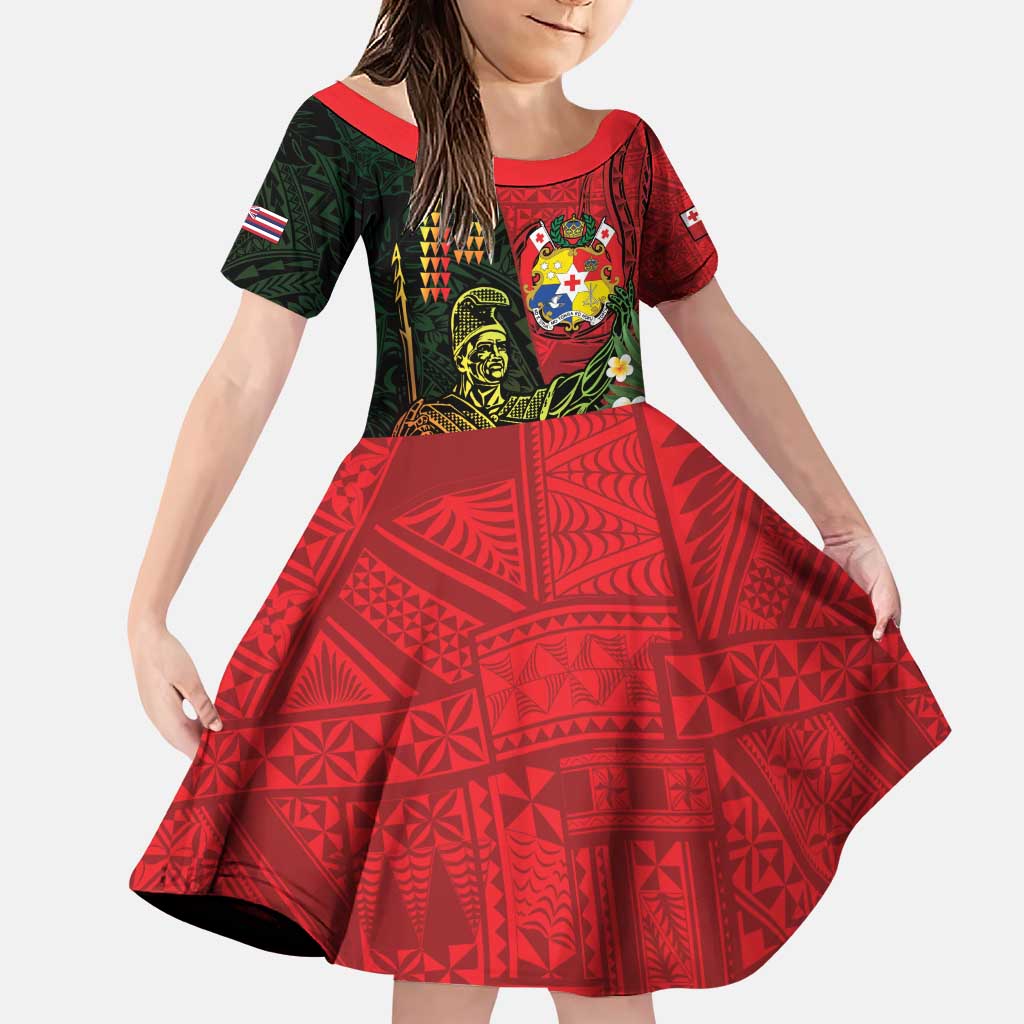 Hawaii And Tonga Family Matching Puletasi and Hawaiian Shirt King Kamehameha Tribal Ngatu Pattern LT14 Daughter's Dress Red - Polynesian Pride