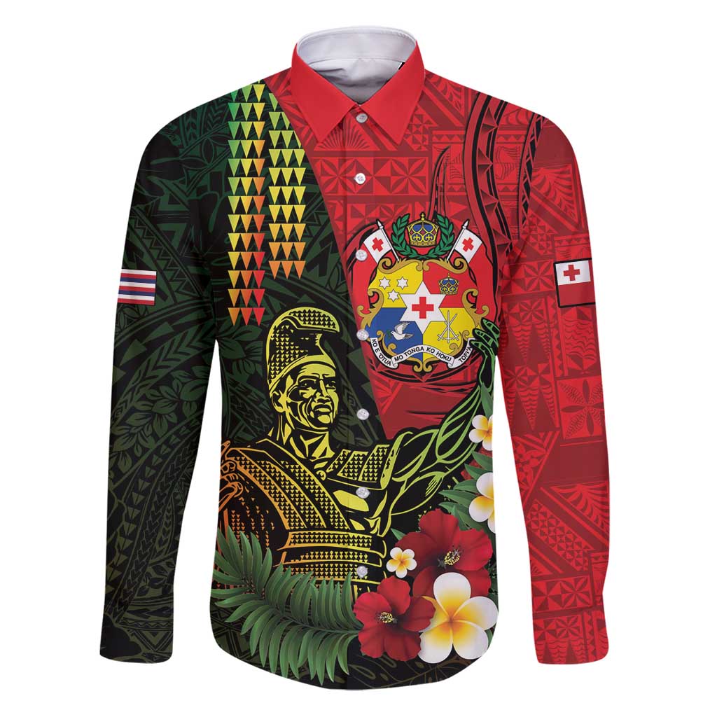 Hawaii And Tonga Family Matching Puletasi and Hawaiian Shirt King Kamehameha Tribal Ngatu Pattern LT14 Dad's Shirt - Long Sleeve Red - Polynesian Pride