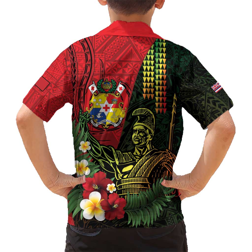 Hawaii And Tonga Family Matching Short Sleeve Bodycon Dress and Hawaiian Shirt King Kamehameha Tribal Ngatu Pattern