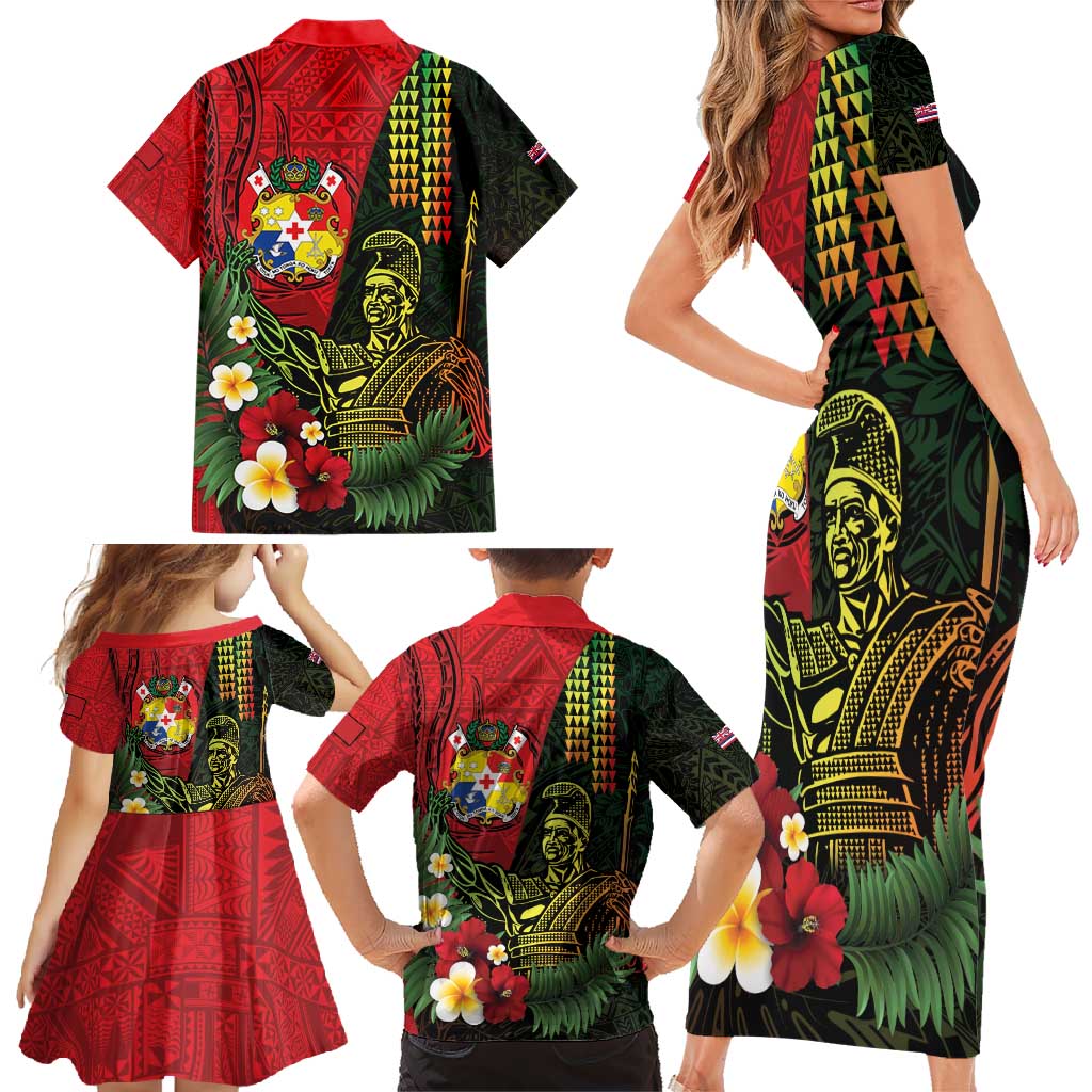 Hawaii And Tonga Family Matching Short Sleeve Bodycon Dress and Hawaiian Shirt King Kamehameha Tribal Ngatu Pattern