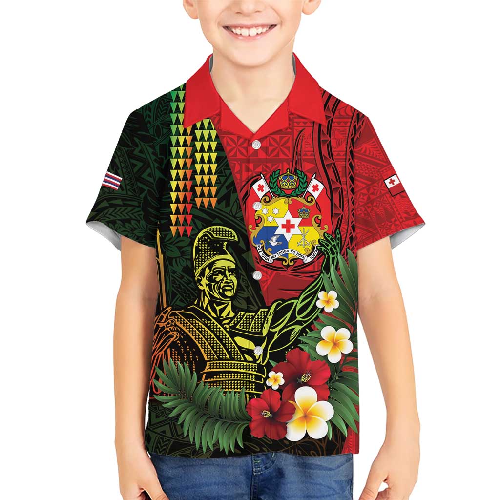 Hawaii And Tonga Family Matching Short Sleeve Bodycon Dress and Hawaiian Shirt King Kamehameha Tribal Ngatu Pattern