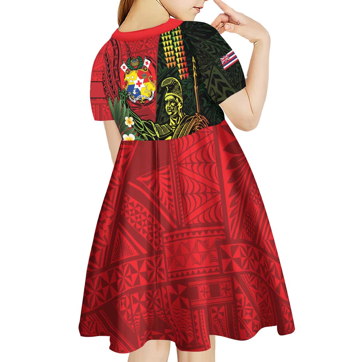 Hawaii And Tonga Kid Short Sleeve Dress King Kamehameha Tribal Ngatu Pattern