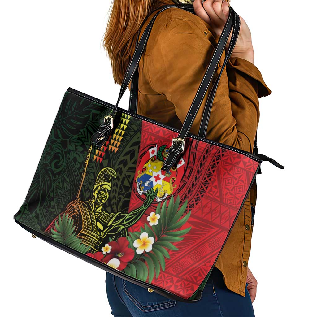 Hawaii And Tonga Leather Tote Bag King Kamehameha Tribal Ngatu Pattern