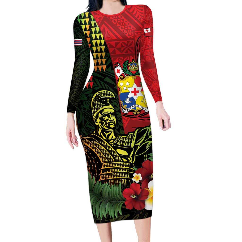 Hawaii And Tonga Long Sleeve Bodycon Dress King Kamehameha Tribal Ngatu Pattern LT14 Long Dress Red - Polynesian Pride